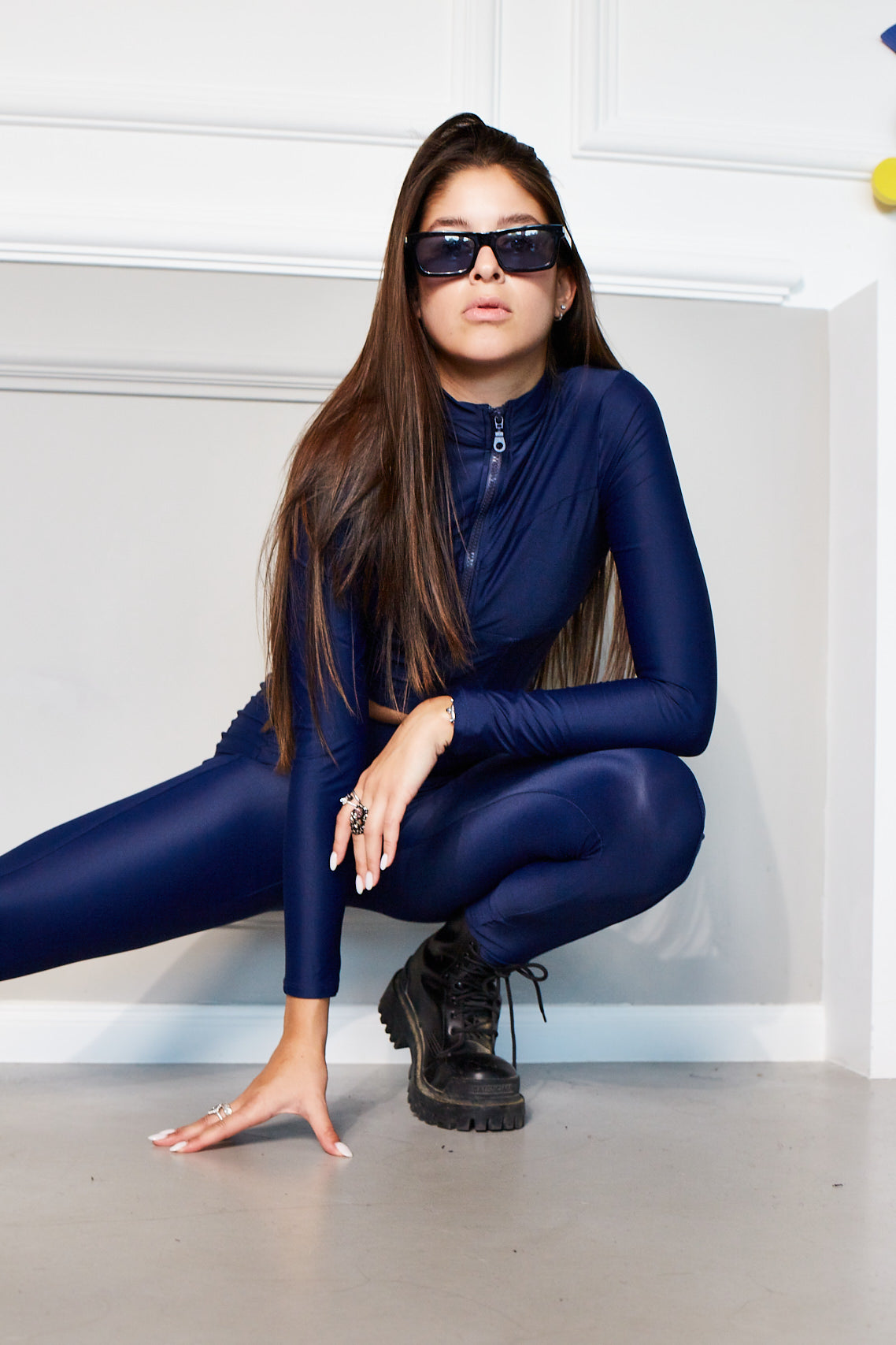 ZOYA SPORT X SORAYAZ TWO PIECE LONG WORKOUT SUIT IN NAVY BLUE