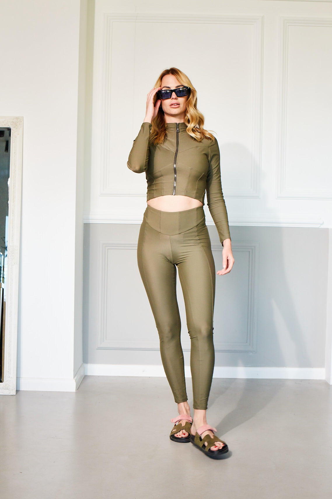 ZOYA SPORT X SORAYAZ TWO PIECE LONG WORKOUT SUIT IN KHAKI